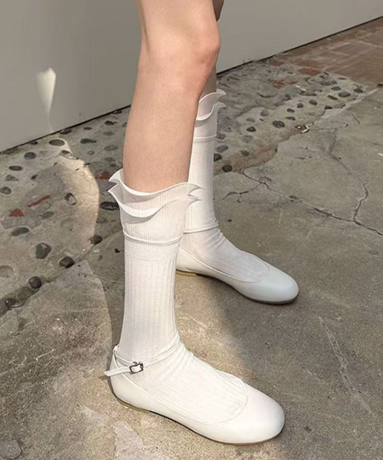 Unique White Ruffles Patchwork Spandex Crew Socks
