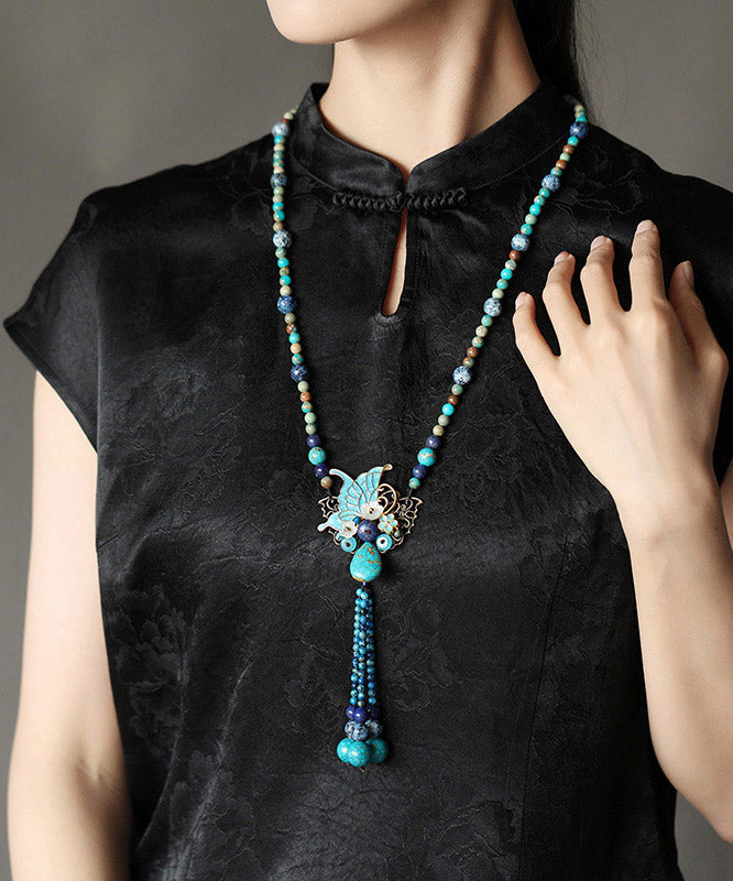 Vintage Alloy Turquoise Shell Butterfly Pendant Necklace