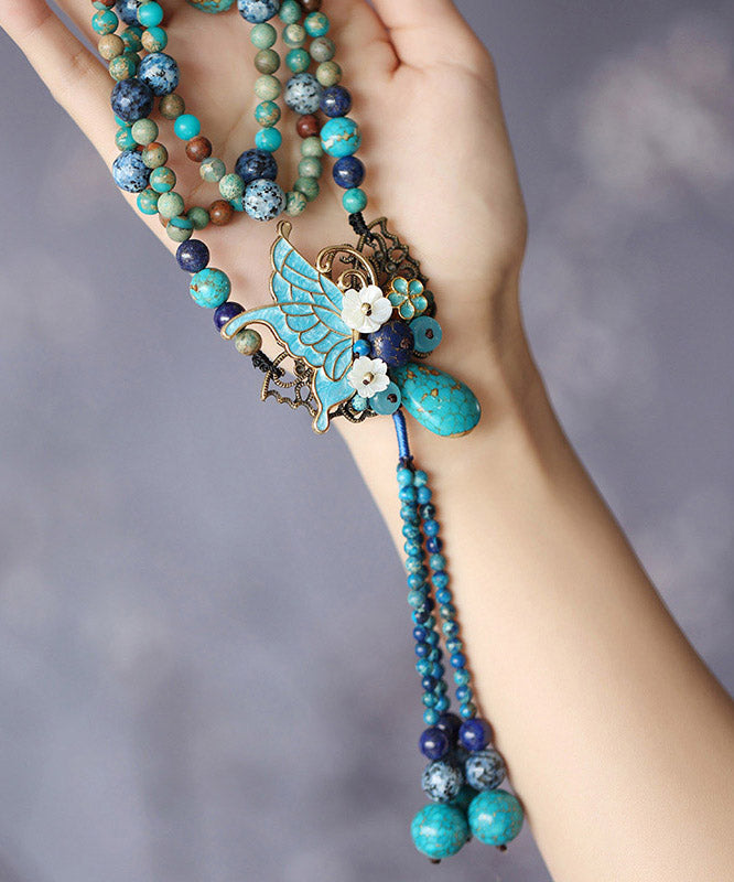 Vintage Alloy Turquoise Shell Butterfly Pendant Necklace