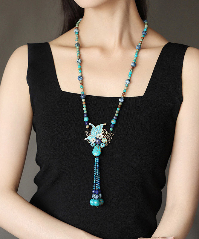 Vintage Alloy Turquoise Shell Butterfly Pendant Necklace
