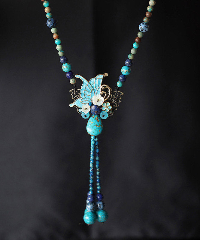 Vintage Alloy Turquoise Shell Butterfly Pendant Necklace