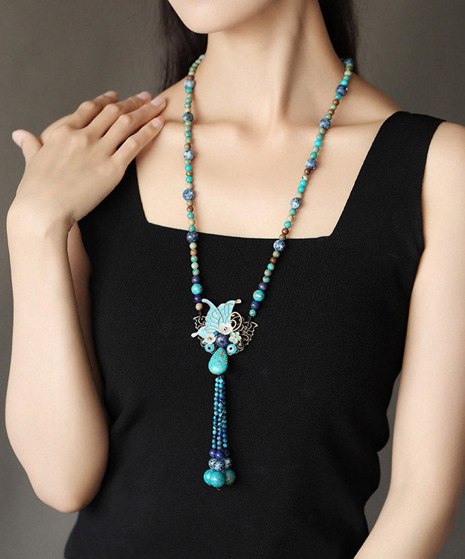 Vintage Alloy Turquoise Shell Butterfly Pendant Necklace