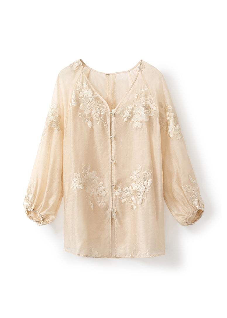 Vintage Beige V Neck Embroidered Silk Blouse Tops Fall