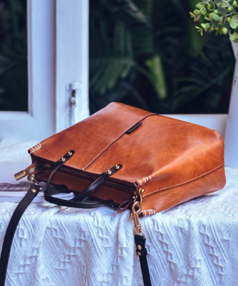 Vintage Brown Durable Large Leather Tote Handbag