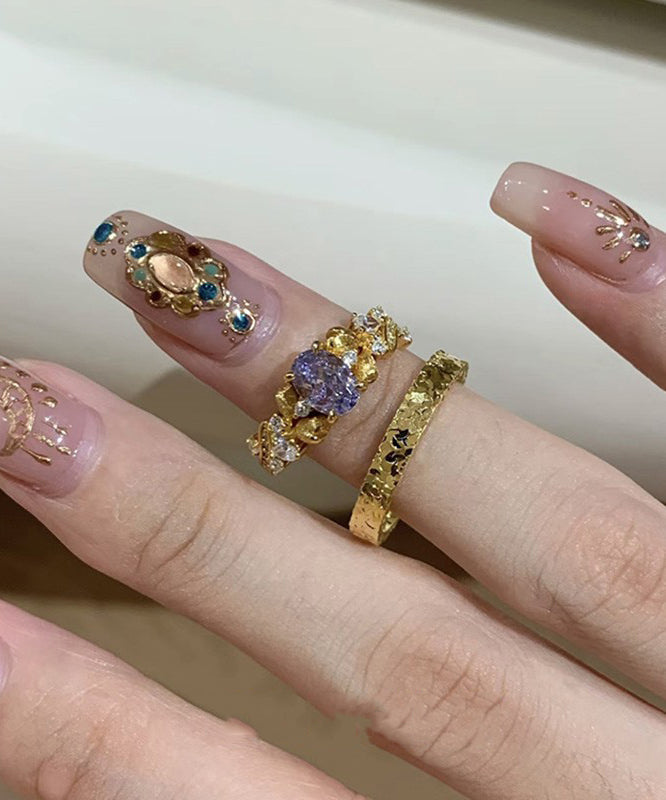 Vintage Gold Sterling Silver Overgild Zircon Starry Sky Rings Two-Piece Set