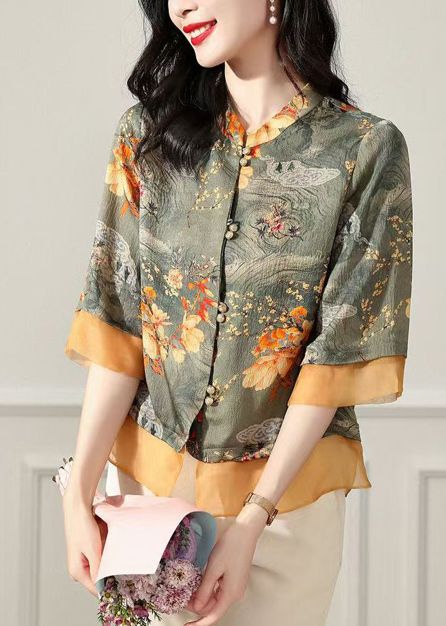 Vintage Green Stand Collar Print Silk Tops Bracelet Sleeve
