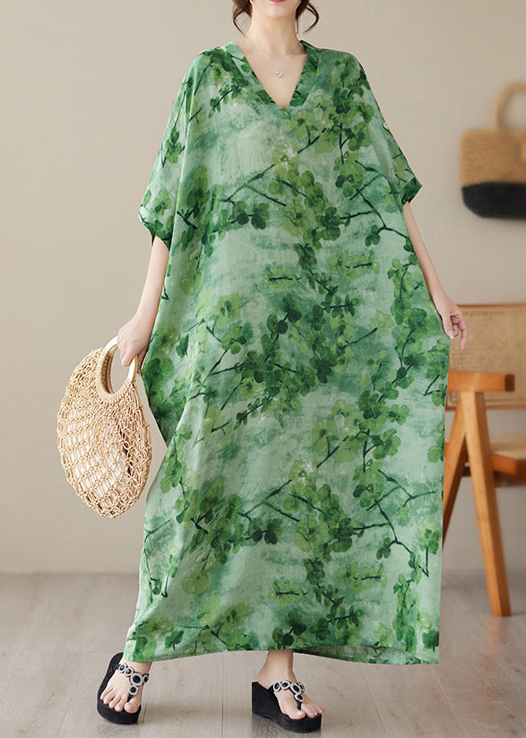 Vintage Green V Neck Print Maxi Beach Dress Short Sleeve
