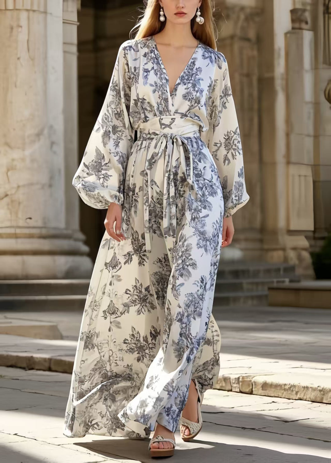 Vintage Grey Print Silk Tunic Dress Exra Large Hem Spring