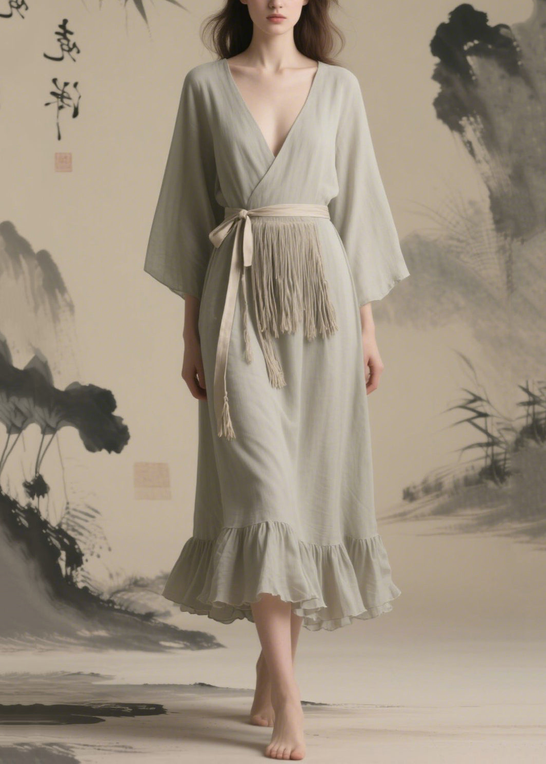 Vintage Grey Tasseled Chiffon Tunic Dresses Summer
