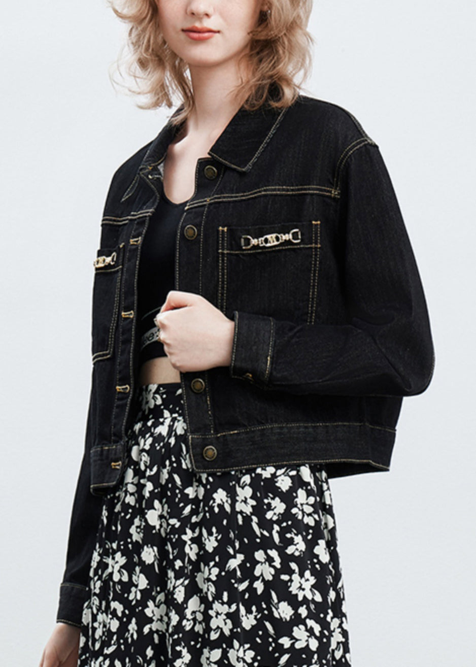Vogue Black Peter Pan Collar Button Denim Coats Fall