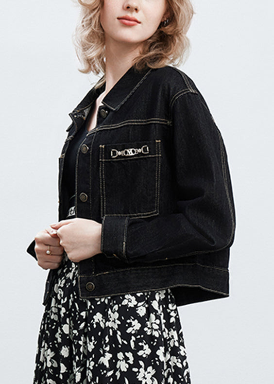 Vogue Black Peter Pan Collar Button Denim Coats Fall