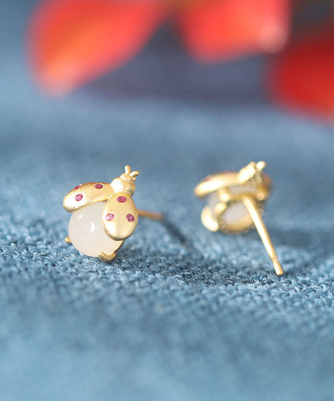 Vogue Gold Sterling Silver Overgild Jade Little Beetle Stud Earrings