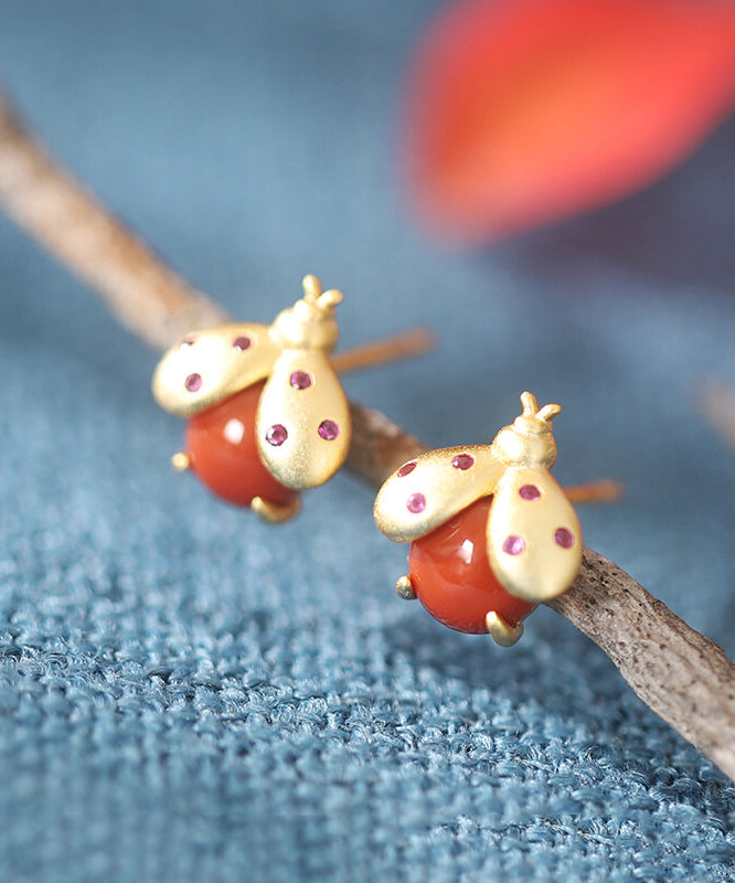 Vogue Gold Sterling Silver Overgild Jade Little Beetle Stud Earrings