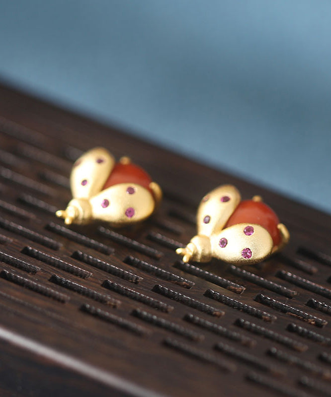 Vogue Gold Sterling Silver Overgild Jade Little Beetle Stud Earrings