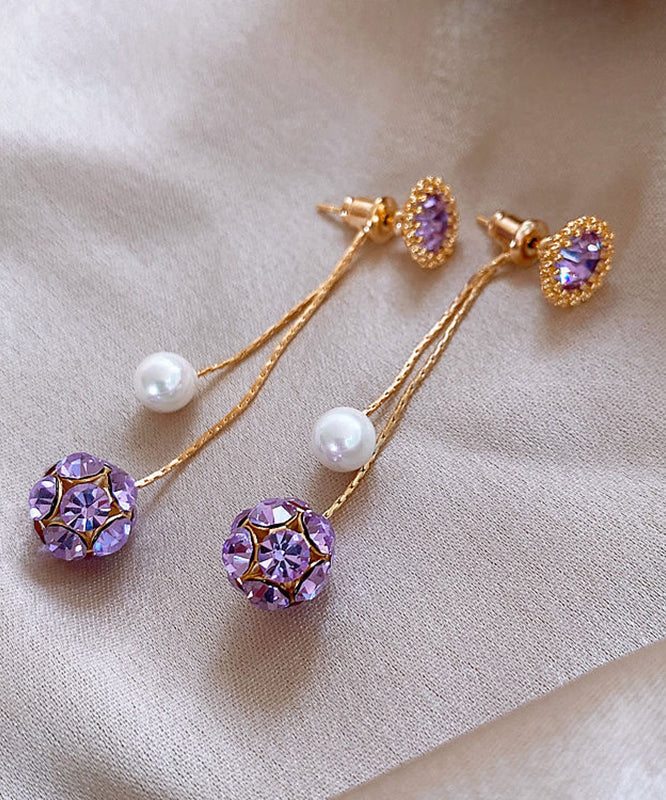 Vogue Purple Sterling Silver Overgild Zircon Pearl Tassel Drop Earrings