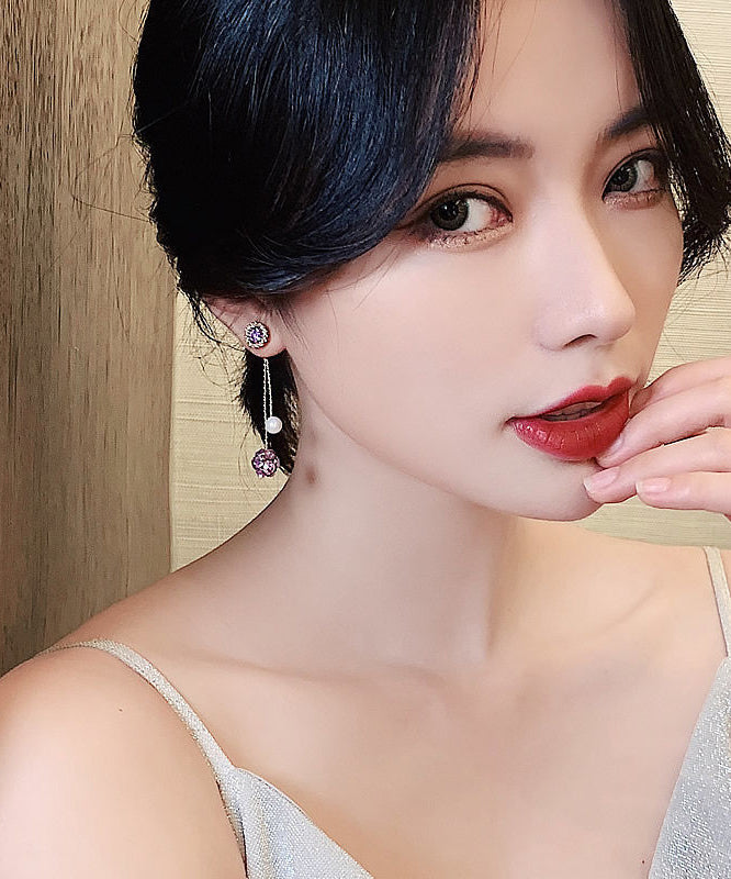 Vogue Purple Sterling Silver Overgild Zircon Pearl Tassel Drop Earrings
