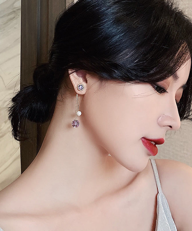 Vogue Purple Sterling Silver Overgild Zircon Pearl Tassel Drop Earrings