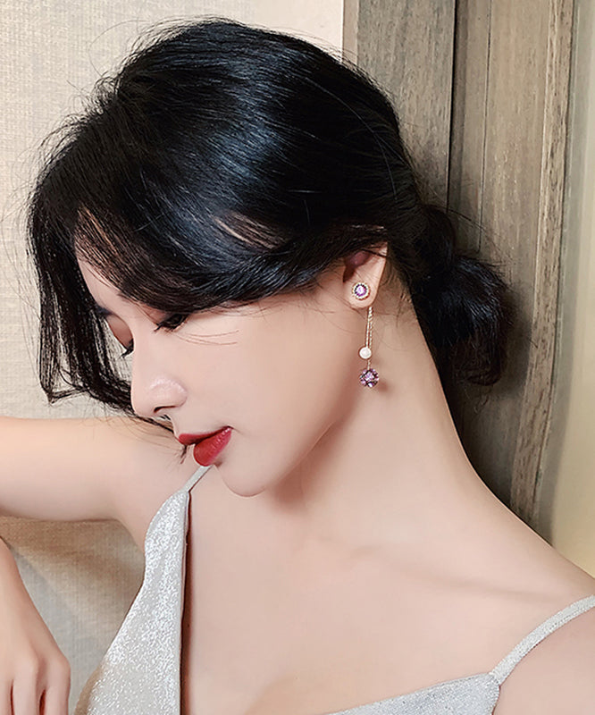 Vogue Purple Sterling Silver Overgild Zircon Pearl Tassel Drop Earrings