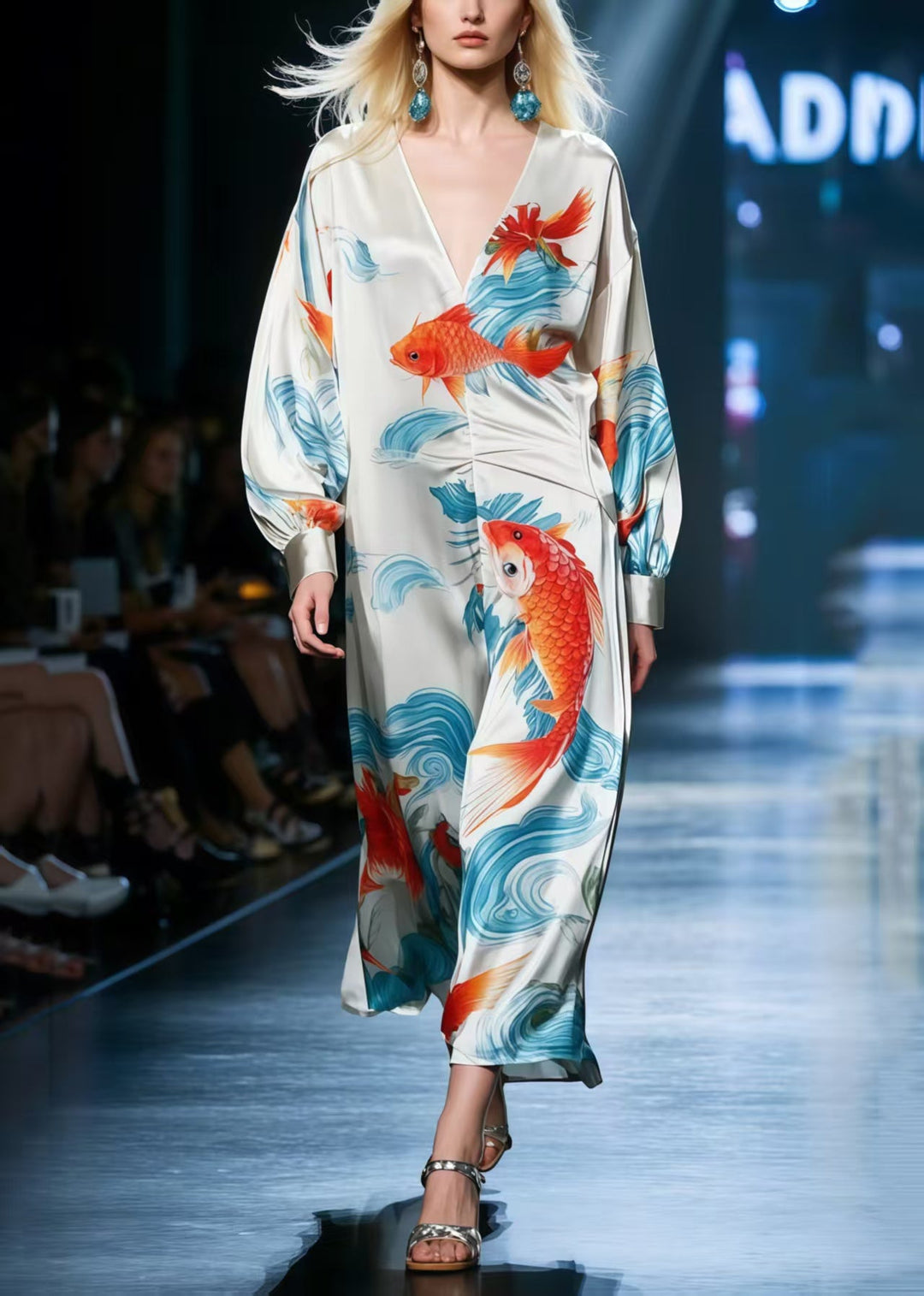 White Draping Silk Party Dress Oversized Koi Fish Print Spring