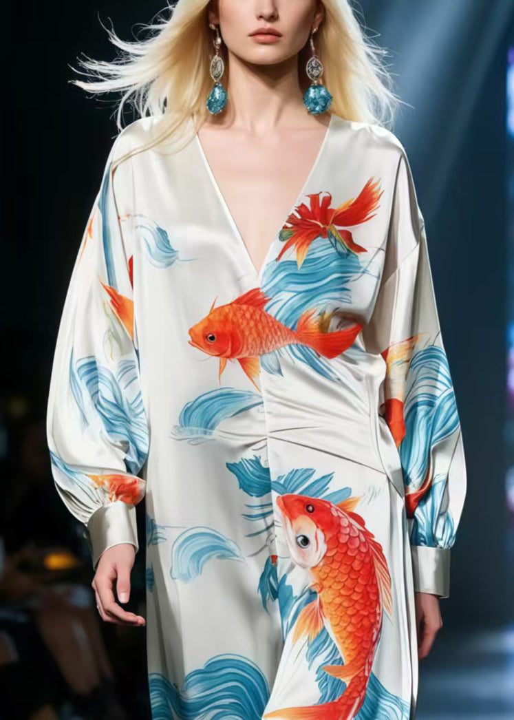 White Draping Silk Party Dress Oversized Koi Fish Print Spring