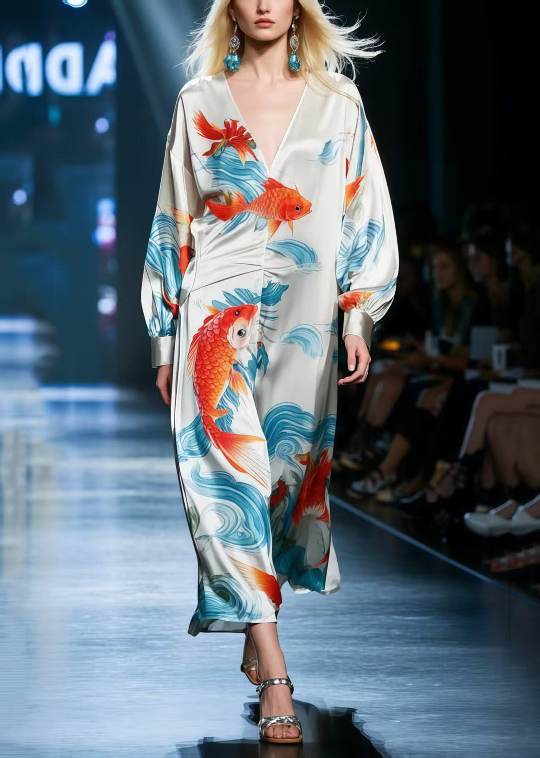 White Draping Silk Party Dress Oversized Koi Fish Print Spring