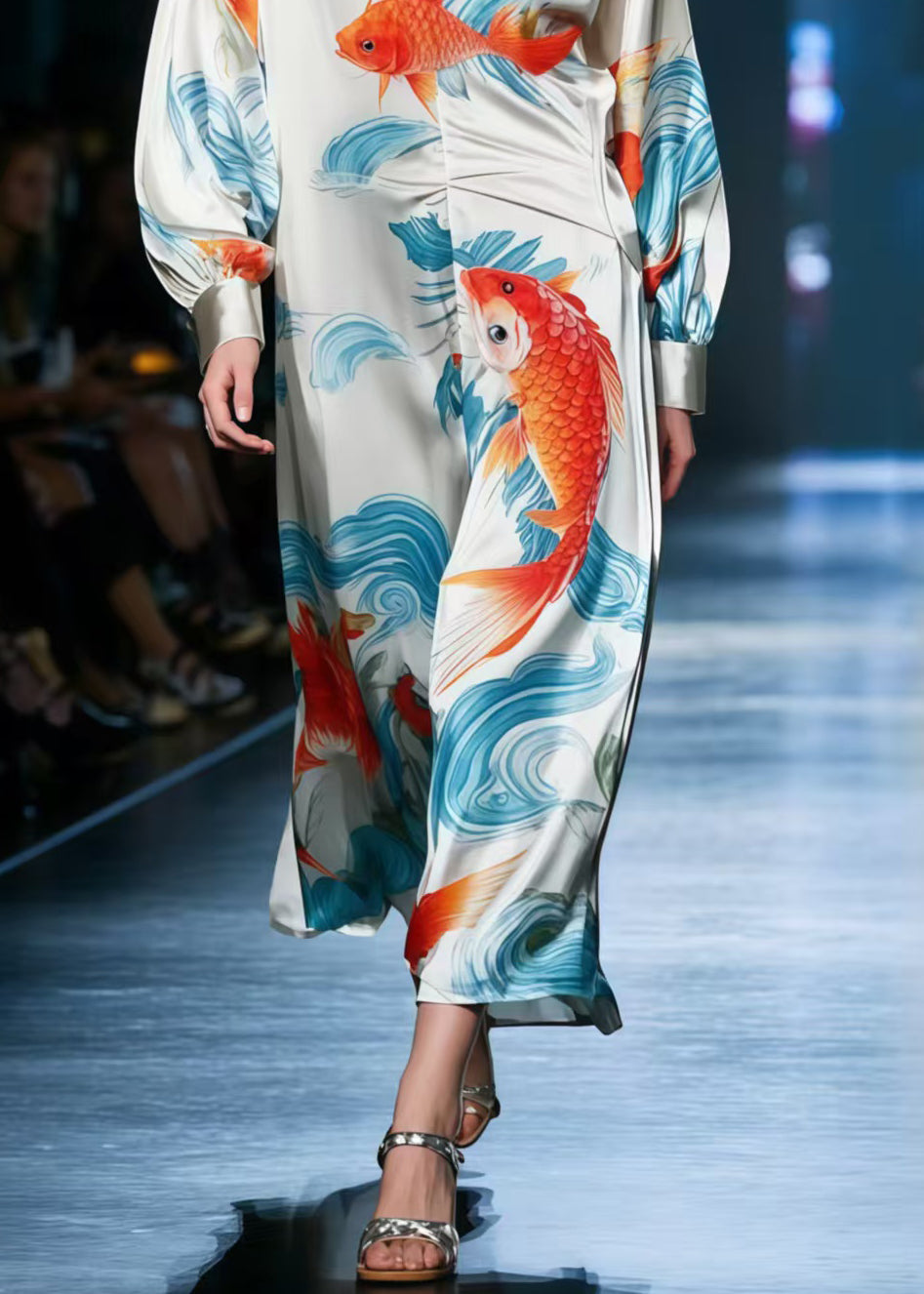 White Draping Silk Party Dress Oversized Koi Fish Print Spring