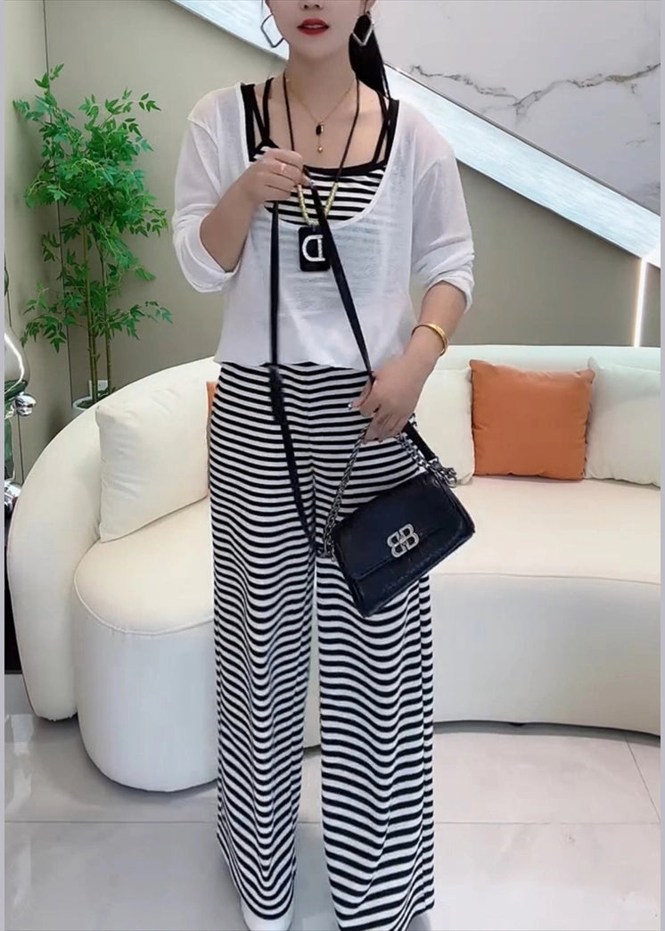 White Striped Pockets Cotton Three Pieces Set Elastic Waist Long Sleeve