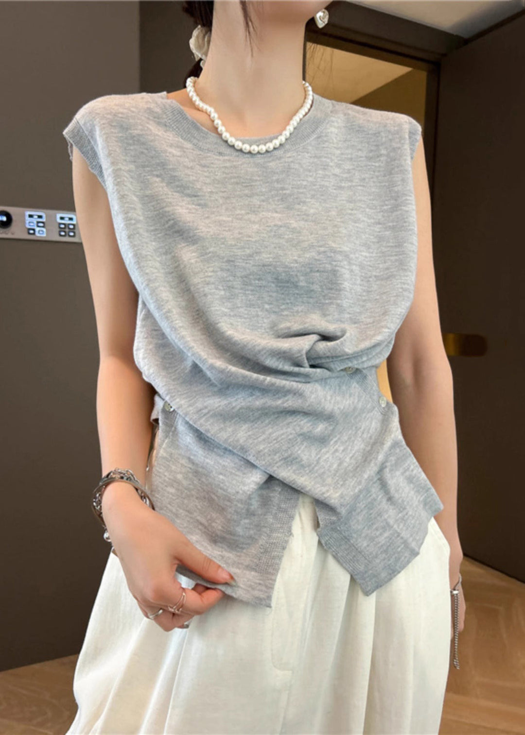 Women Apricot Asymmetrical Button Side Open Knit Tanks Sleeveless
