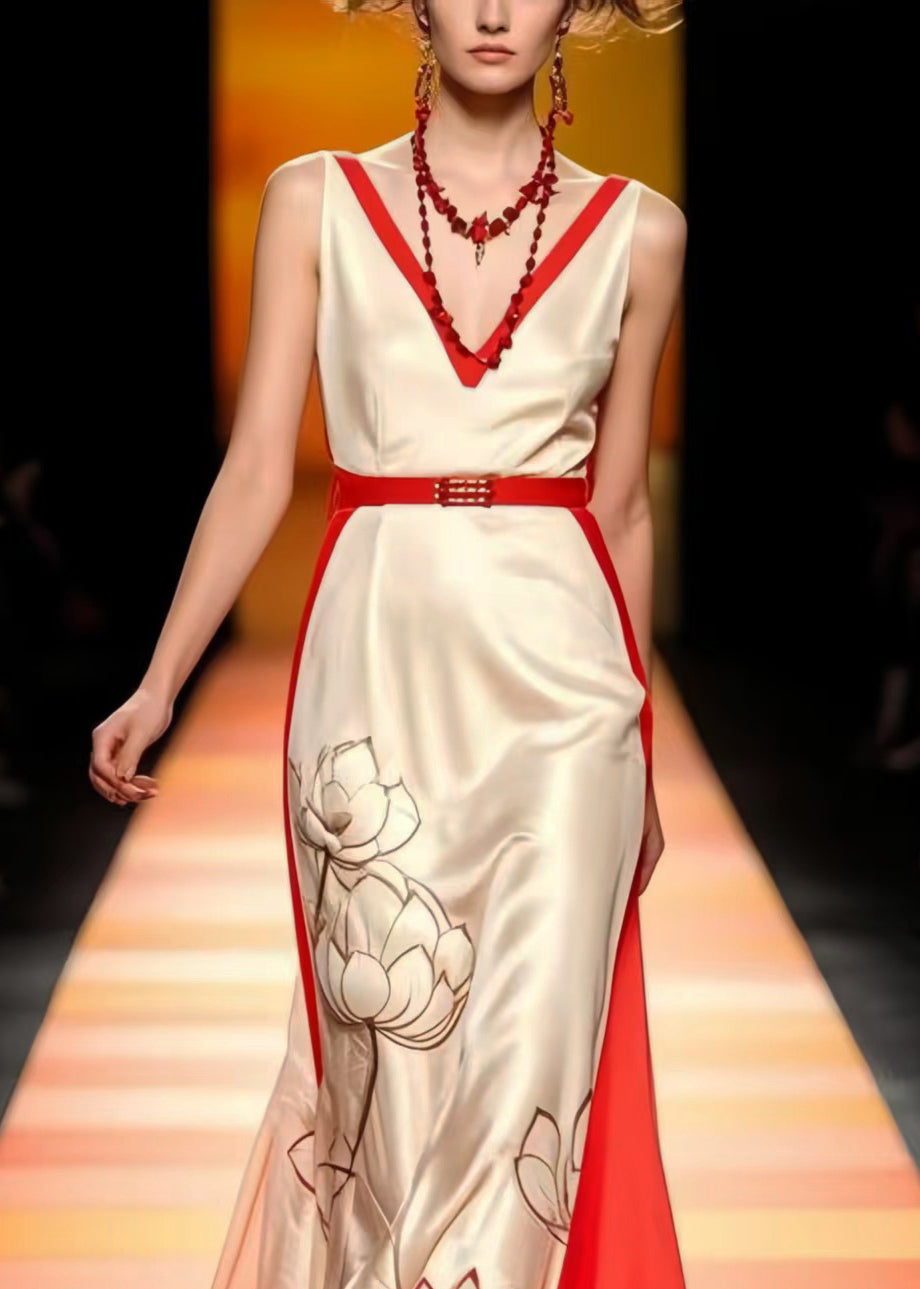 Women Apricot Cinched Patchwork Silk Vestidos Dress Sleeveless