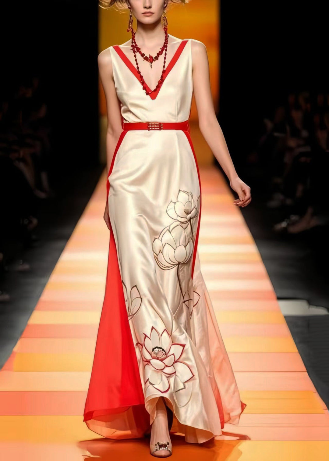 Women Apricot Cinched Patchwork Silk Vestidos Dress Sleeveless