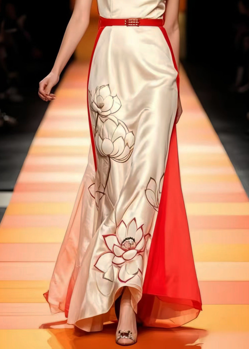 Women Apricot Cinched Patchwork Silk Vestidos Dress Sleeveless