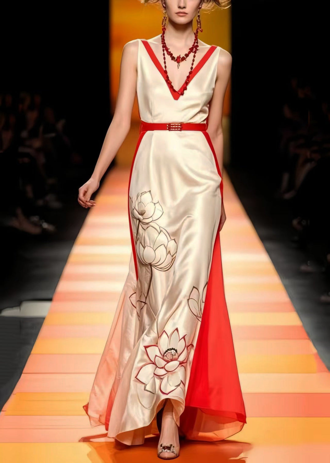 Women Apricot Cinched Patchwork Silk Vestidos Dress Sleeveless