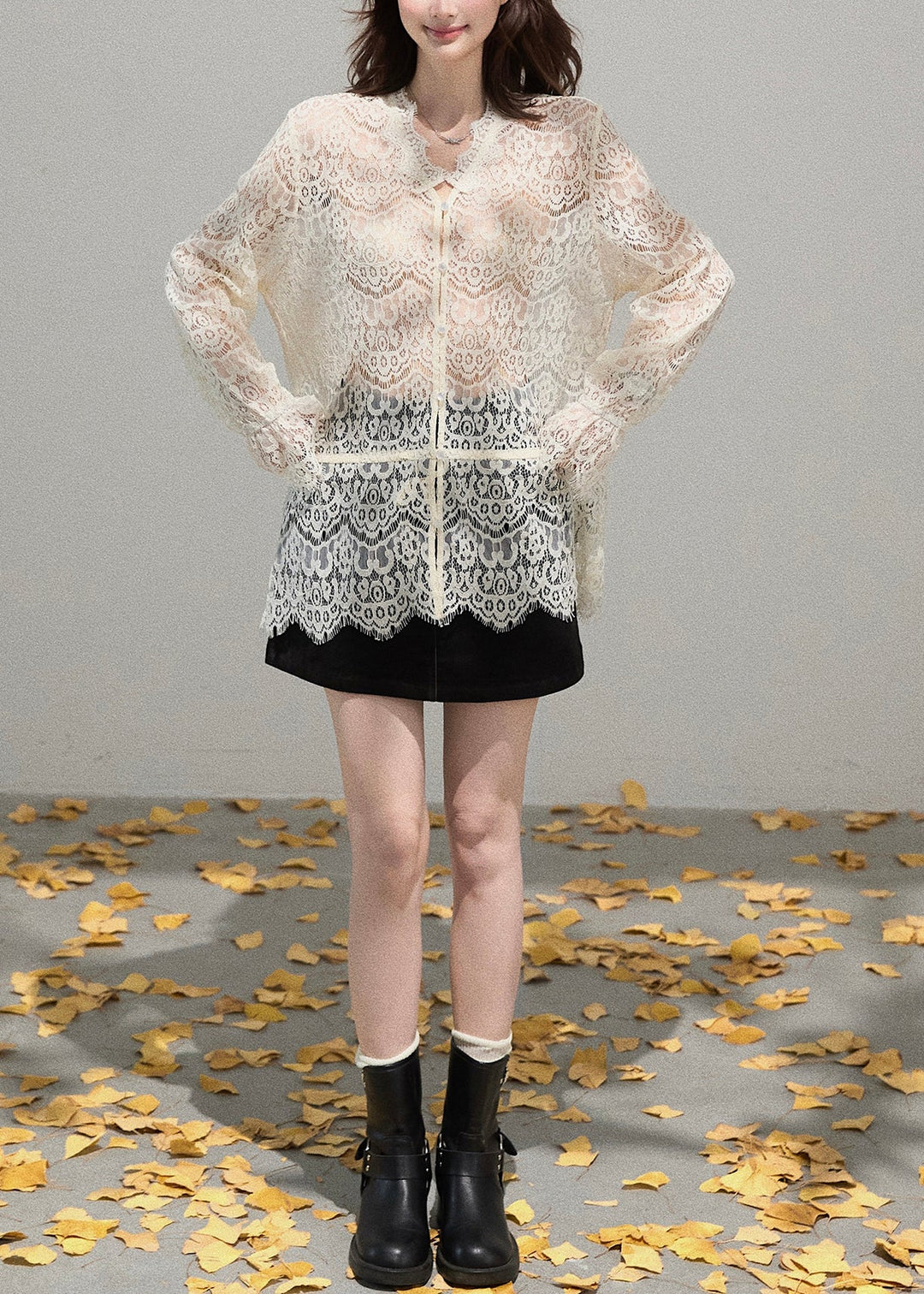 Women Beige Embroidered Hollow Out Lace Shirt Top Summer