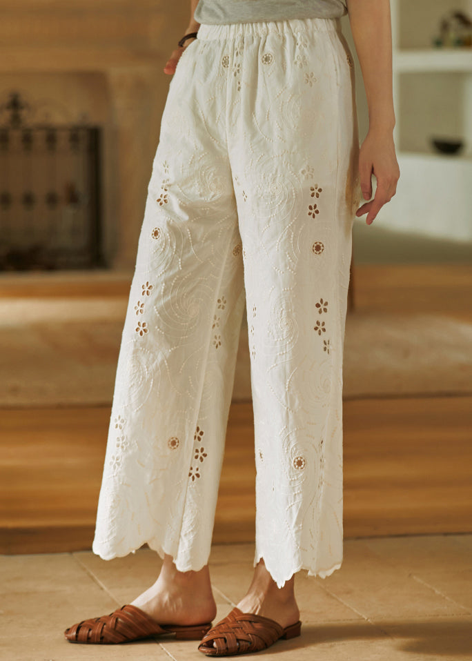 Women Beige Embroidered Pockets Cotton Wide Leg Pants Summer