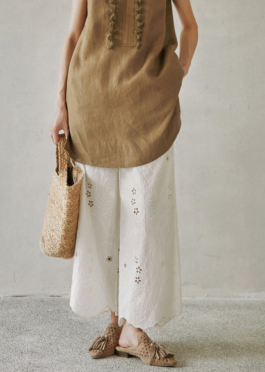 Women Beige Embroidered Pockets Cotton Wide Leg Pants Summer
