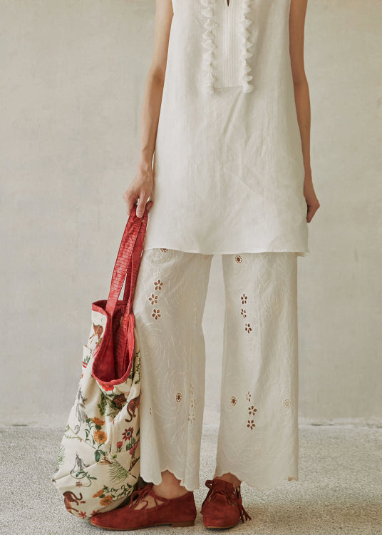 Women Beige Embroidered Pockets Cotton Wide Leg Pants Summer