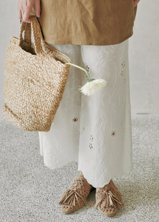 Women Beige Embroidered Pockets Cotton Wide Leg Pants Summer