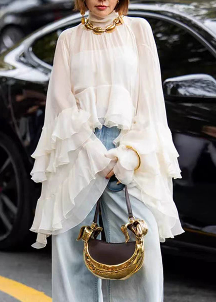 Women Beige Hign Neck Ruffled Patchwork Tulle Top Flare Sleeve