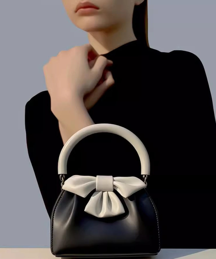 Women Black Bow Patchwork Faux Leather Tote Mini Handbag