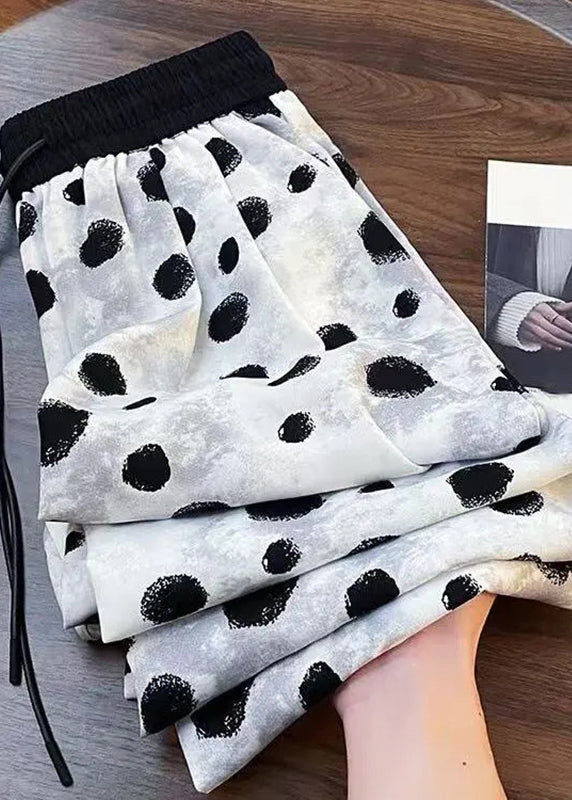Women Black Dot Drawstring Chiffon Wide Leg Pants