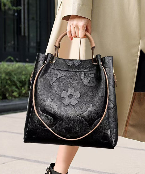 Women Black Emboss Large Capacity Calf Leather Tote Handbag