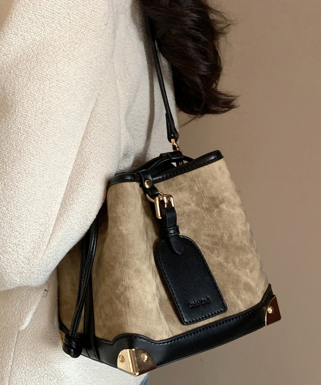 Women Black Faux Leather Drawstring Bucket Bag