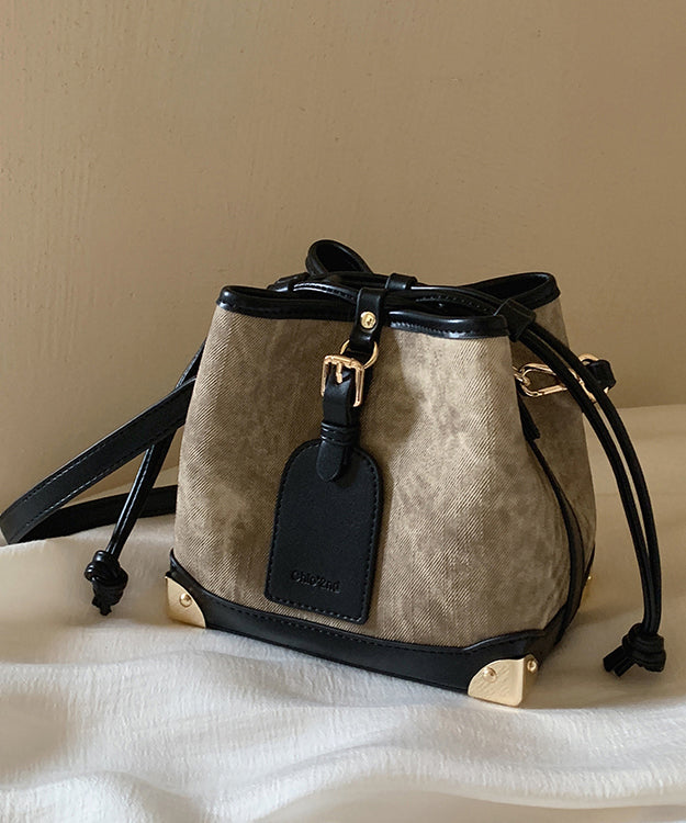 Women Black Faux Leather Drawstring Bucket Bag