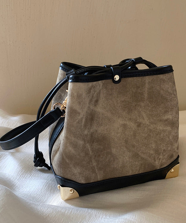 Women Black Faux Leather Drawstring Bucket Bag