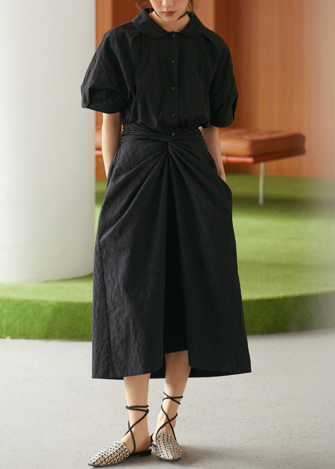 Women Black Peter Pan Collar Lace Up Cotton Dresses Summer