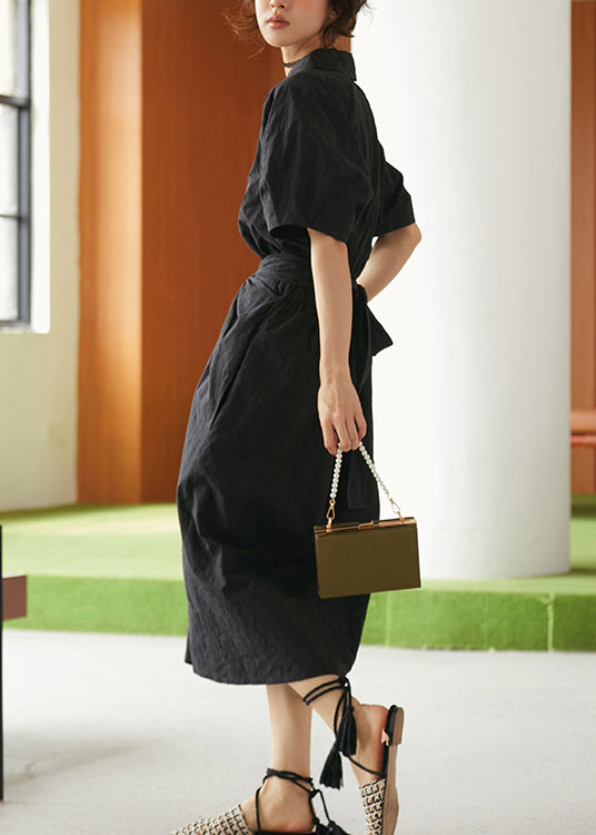 Women Black Peter Pan Collar Lace Up Cotton Dresses Summer