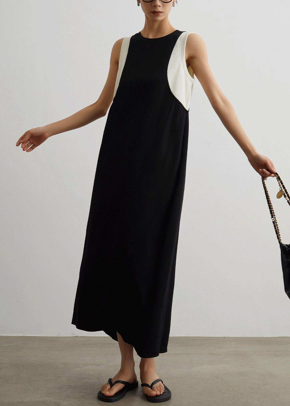 Women Black Pockets Patchwork False Two Pieces Cotton Long Dresses Sleeveless