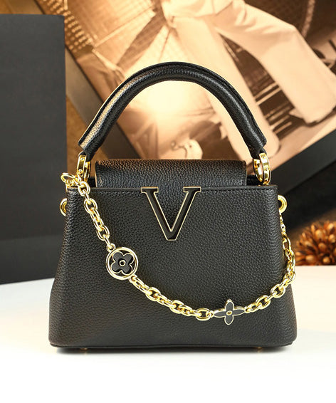 Women Black V Golden Decorated Durable Faux Leather Tote Handbag