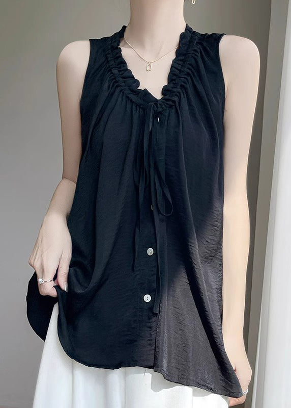 Women Black V Neck Ruffled Button Cotton Blouse Summer