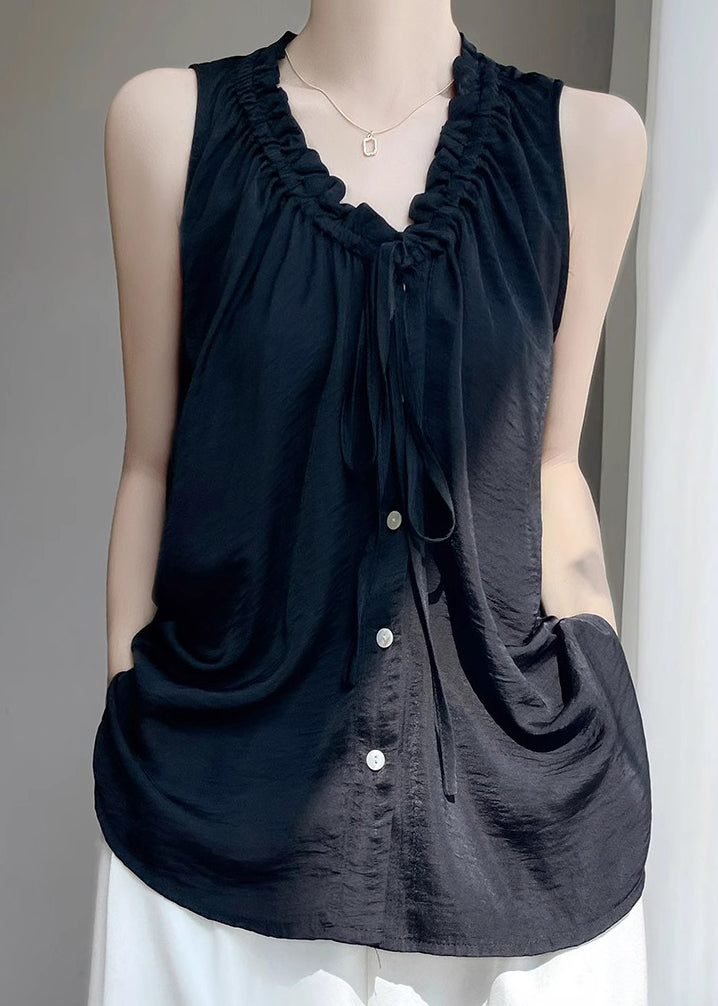 Women Black V Neck Ruffled Button Cotton Blouse Summer